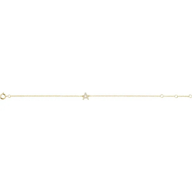 Natural Diamond Initial A Adjustable Bracelet in 14K Yellow Gold Long Flat View