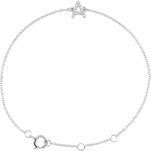 Natural Diamond Initial A Adjustable Bracelet in Solid 14K White Gold