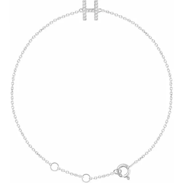 Natural Diamond Initial H Adjustable Bracelet in Solid 14K White Gold
