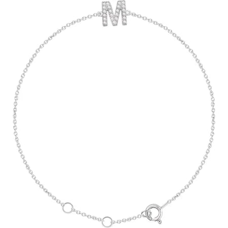 Natural Diamond Initial M Adjustable Bracelet in Solid 14K White Gold