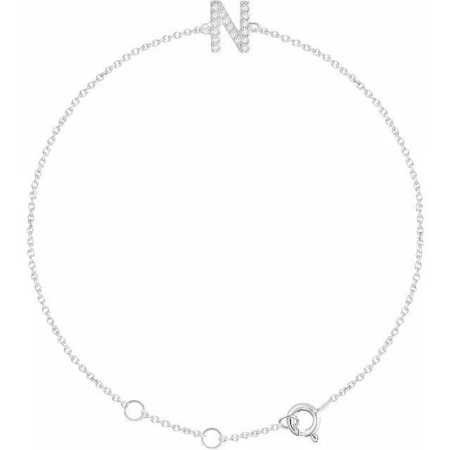 Natural Diamond Initial N Adjustable Bracelet in Solid 14K White Gold