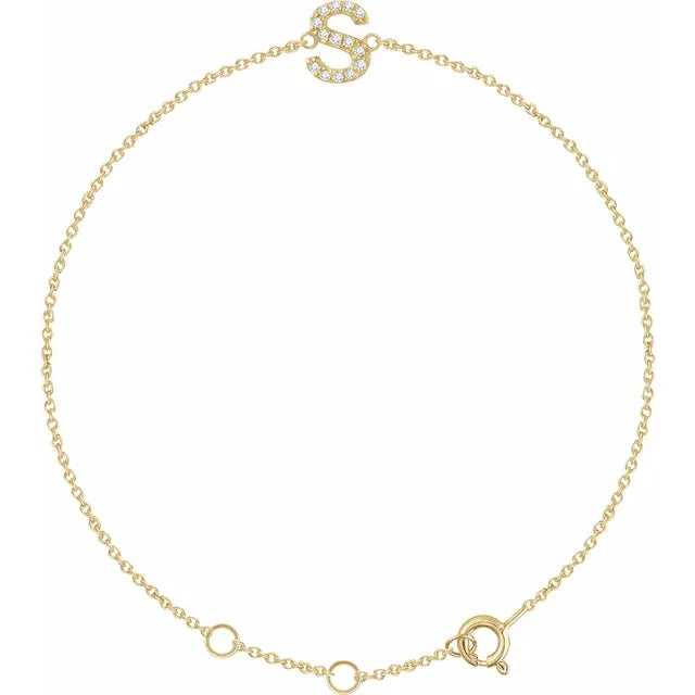 Natural Diamond Initial S Adjustable Bracelet in 14K Yellow Gold