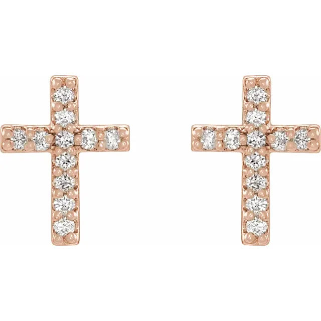 Natural Diamond Cross Stud Earrings Pair 14K Rose Gold 