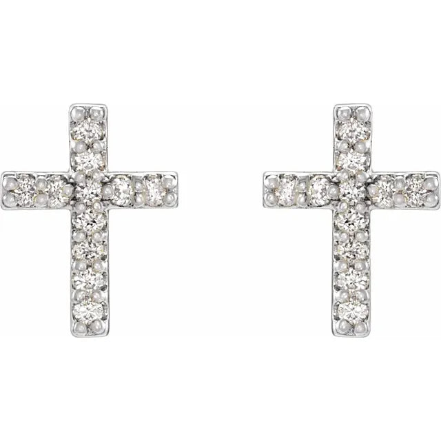 Natural Diamond Cross Stud Earrings Pair 14K White Gold or Sterling Silver