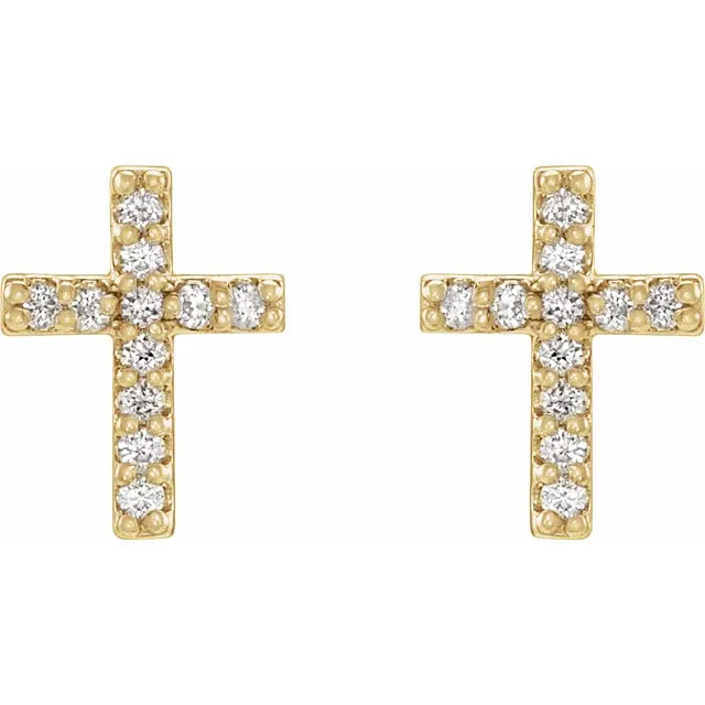 Natural Diamond Cross Stud Earrings Pair 14K Yellow Gold 