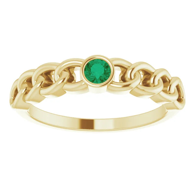 Natural Emerald Curb Chain Ring in 14K Yellow Gold