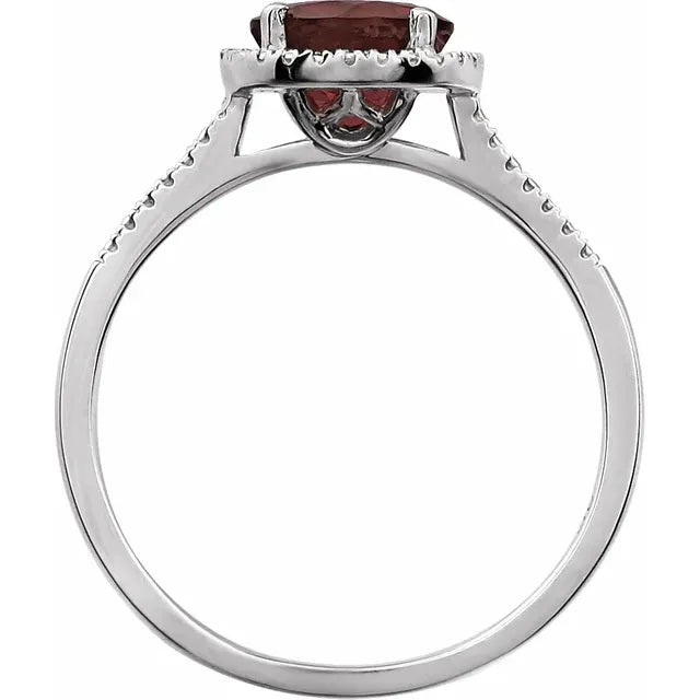 Round Statement Birthstone Natural Mozambique Garnet & Diamond Halo Style Sterling Silver Ring