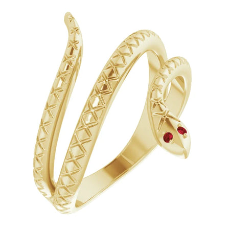 Natural Mozambique Garnet Spiral Serpent Snake Ring in Solid 14K Yellow Gold 