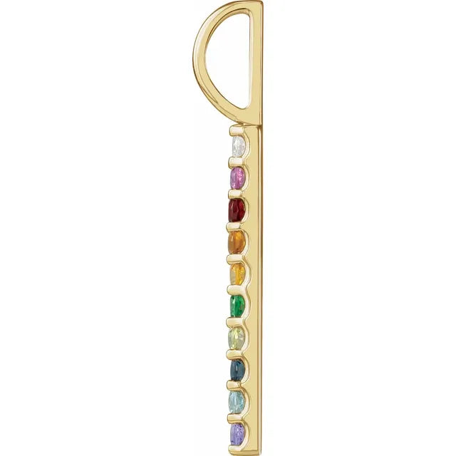 Vertical Natural Multi-Gemstone Bar Rainbow Pendant Charm 14K Yellow Gold