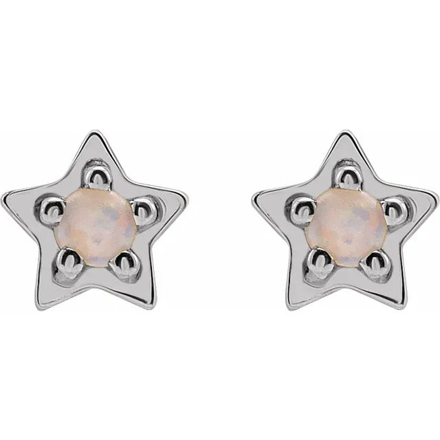 Natural Opal Cabochon Star Stud Earrings 14K White Gold or Sterling Silver