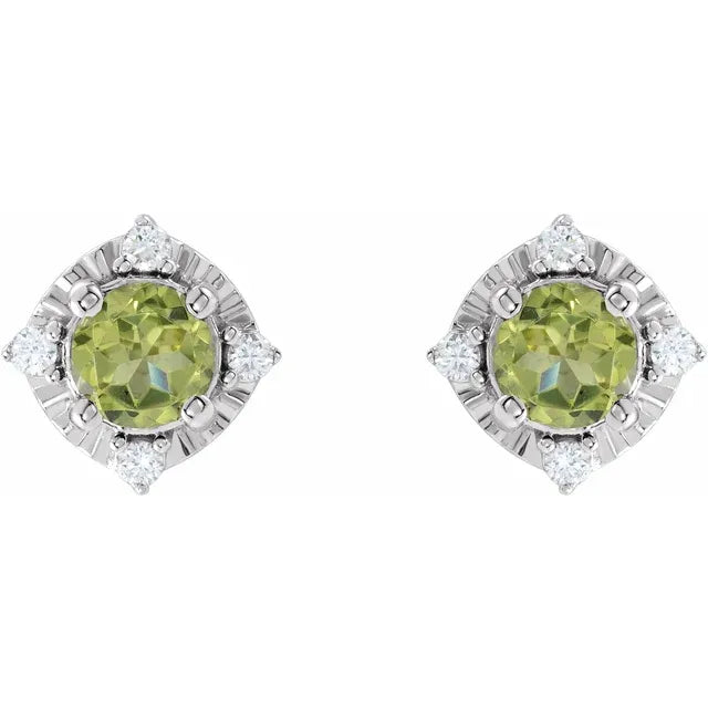 Luxe Wear Everyday™ Halo Style Birthstone Natural Peridot & Natural Diamond Stud Earrings Sterling Silver