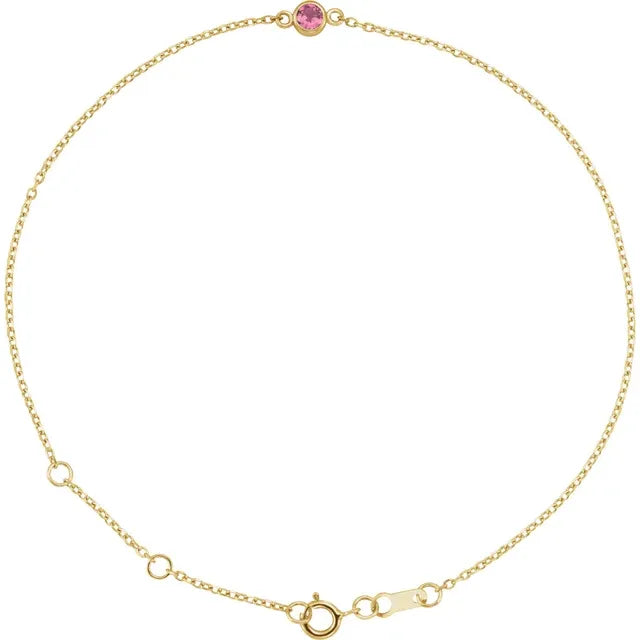Birthday Suit Bezel Birthstone Natural Pink Tourmaline Adjustable Bracelet in 14K Yellow Gold 