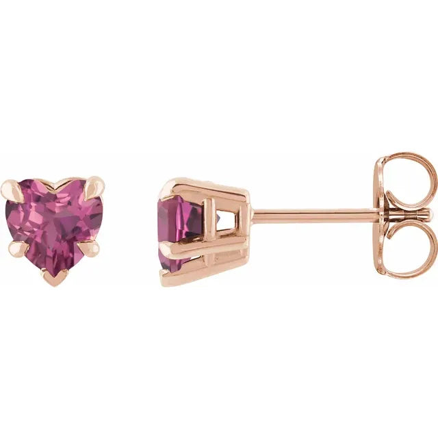 Claw Prong Natural Pink Tourmaline October Birthstone Heart Stud Earrings 14K Rose Gold 