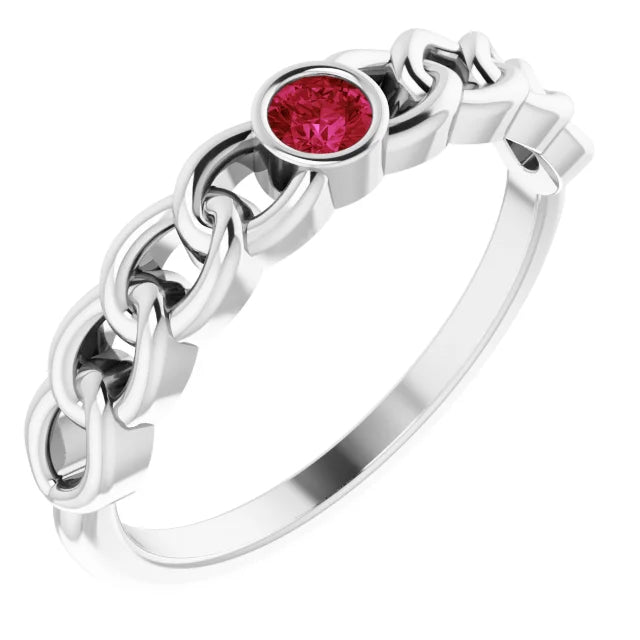 Natural Ruby Curb Chain Ring in 14K White Gold