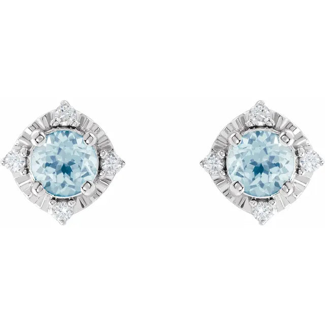 Luxe Wear Everyday™ Halo Style Birthstone Natural Sky Blue Topaz & Natural Diamond Stud Earrings Sterling Silver