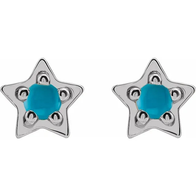 Natural Turquoise Cabochon Star Stud Earrings 14K White Gold or Sterling Silver