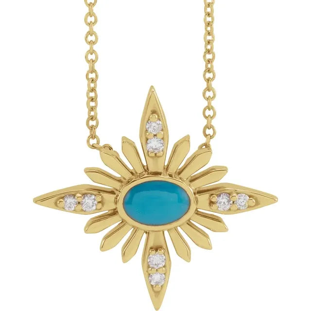 Natural Turquoise and Diamond Celestial Adjustable 16-18" Necklace in 14K Yellow Gold