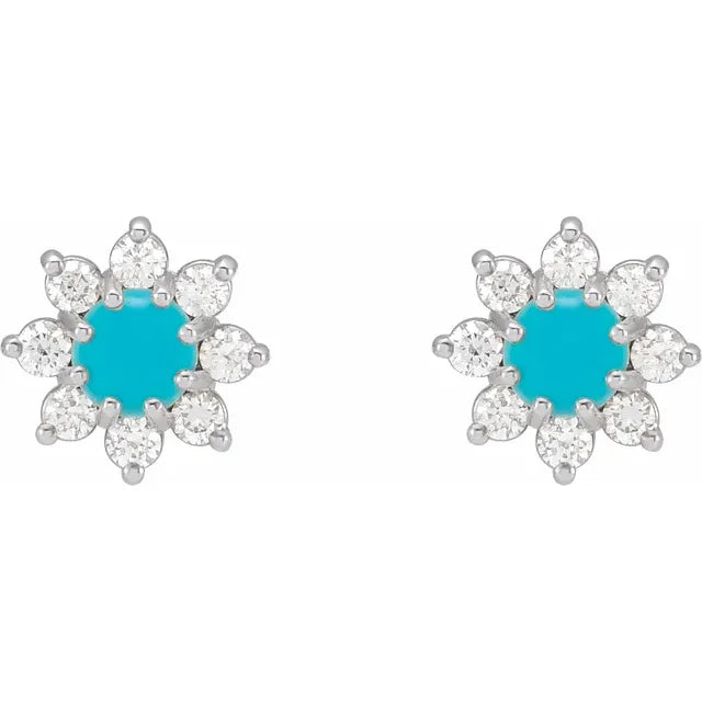 Flower Power Natural Turquoise & Diamond Stud Earrings Solid 14K Yellow White Rose Gold