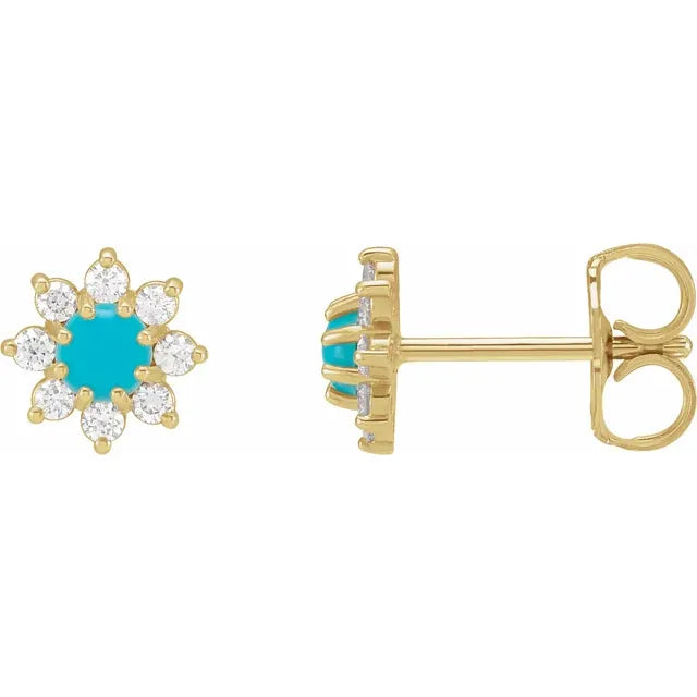 Flower Power Natural Turquoise & Diamond Stud Earrings Solid 14K Yellow White Rose Gold