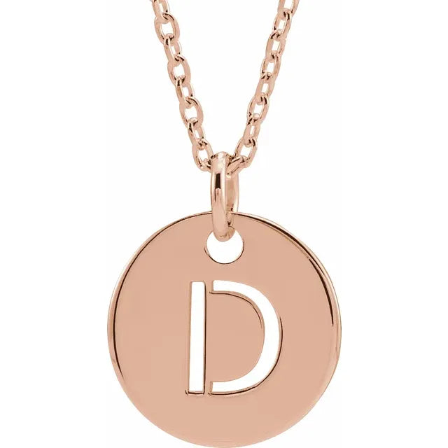 D Initial Disc Adjustable Personalized Necklace in Solid 14K Rose Gold 