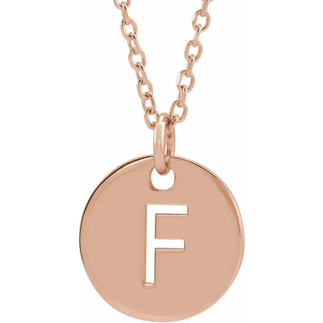 F Initial Disc Adjustable Personalized Necklace in Solid 14K Rose Gold 