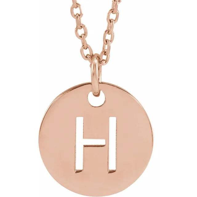 H Initial Disc Adjustable Personalized Necklace in Solid 14K Rose Gold 