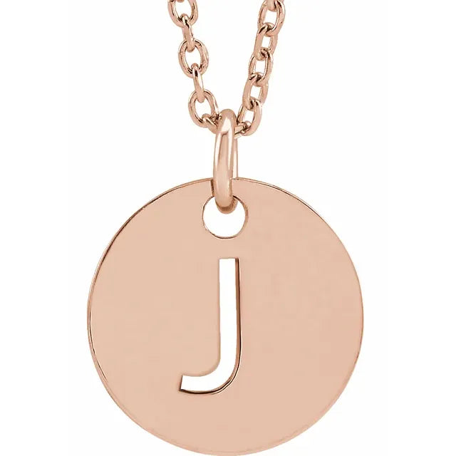 J Initial Disc Adjustable Personalized Necklace in Solid 14K Rose Gold 