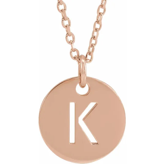 K Initial Disc Adjustable Personalized Necklace in Solid 14K Rose Gold 