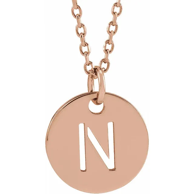 N Initial Disc Adjustable Personalized Necklace in Solid 14K Rose Gold 