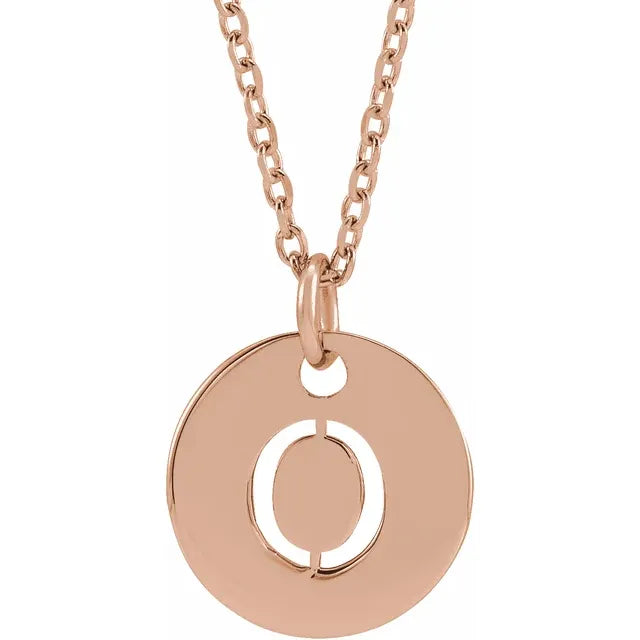 O Initial Disc Adjustable Personalized Necklace in Solid 14K Rose Gold 