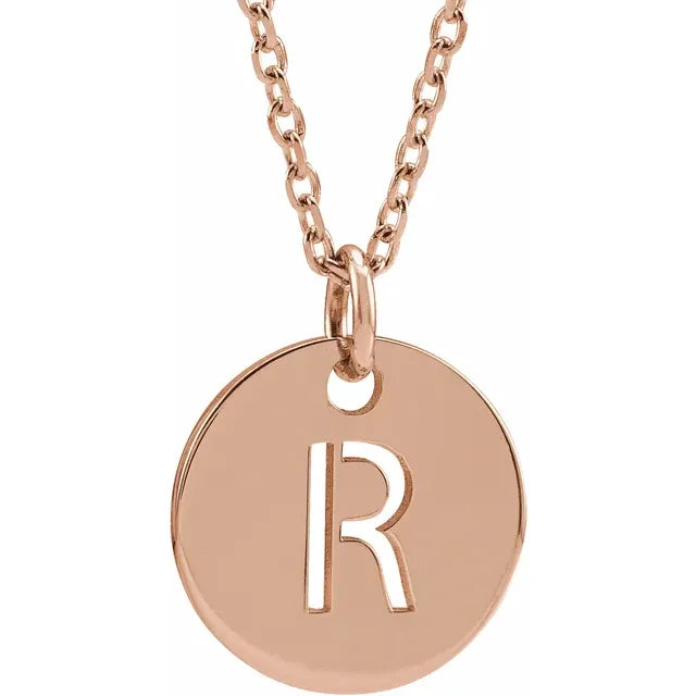 R Initial Disc Adjustable Personalized Necklace in Solid 14K Rose Gold 