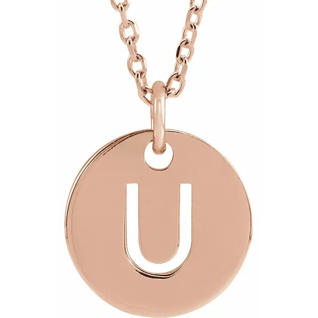 U Initial Disc Adjustable Personalized Necklace in Solid 14K Rose Gold 