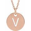 V Initial Disc Adjustable Personalized Necklace in Solid 14K Rose Gold 