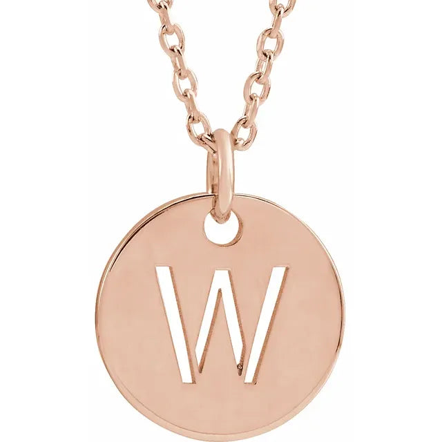 W Initial Disc Adjustable Personalized Necklace in Solid 14K Rose Gold 
