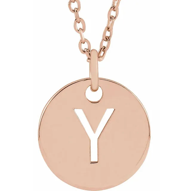 Y Initial Disc Adjustable Personalized Necklace in Solid 14K Rose Gold 