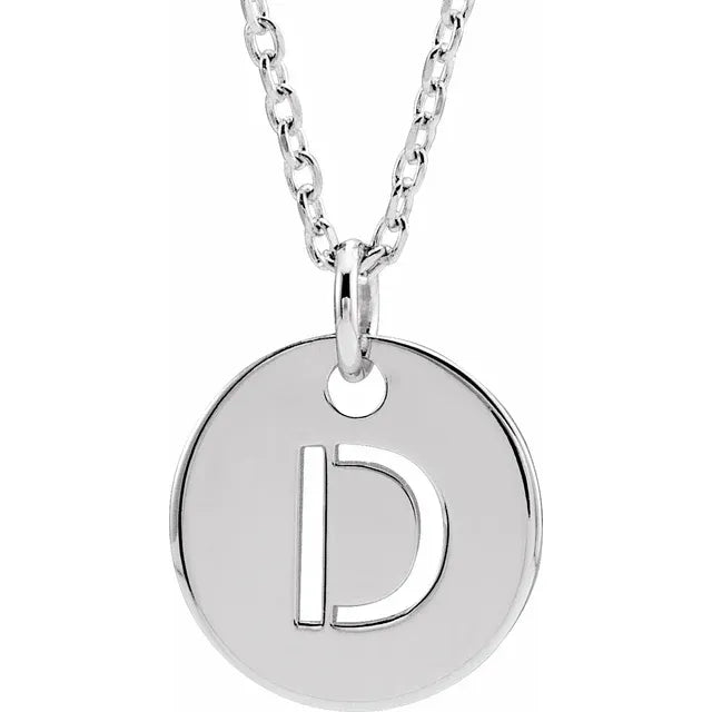 D Initial Disc Adjustable Personalized Necklace in Solid 14K White Gold 
