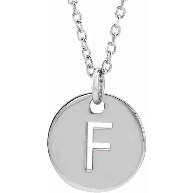 F Initial Disc Adjustable Personalized Necklace in Solid 14K White Gold 