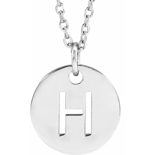H Initial Disc Adjustable Personalized Necklace in Solid 14K White Gold 