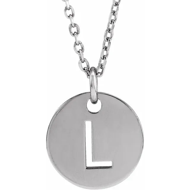 L Initial Disc Adjustable Personalized Necklace in Solid 14K White Gold 
