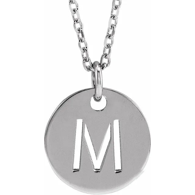 M Initial Disc Adjustable Personalized Necklace in Solid 14K White Gold 