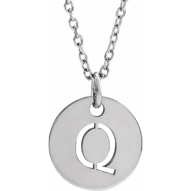 Q Initial Disc Adjustable Personalized Necklace in Solid 14K White Gold 