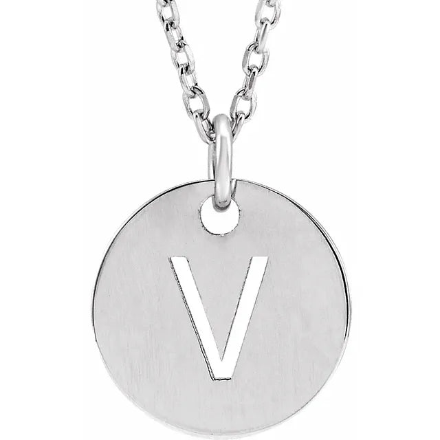 V Initial Disc Adjustable Personalized Necklace in Solid 14K White Gold 
