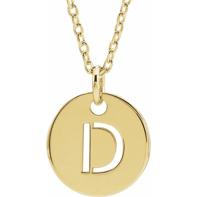 D Initial Disc Adjustable Personalized Necklace in Solid 14K Yellow Gold 
