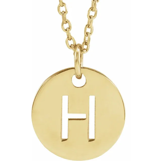 H Initial Disc Adjustable Personalized Necklace in Solid 14K Yellow Gold 
