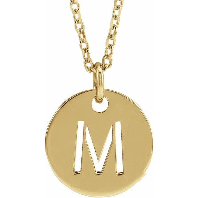 M Initial Disc Adjustable Personalized Necklace in Solid 14K Yellow Gold 