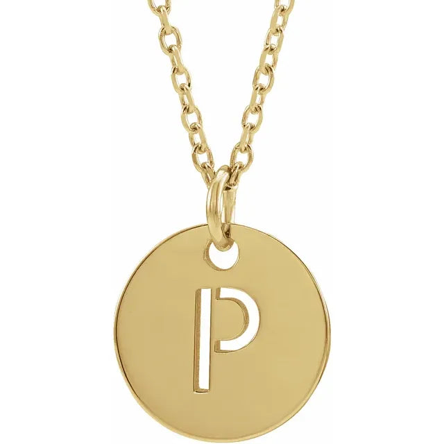 P Initial Disc Adjustable Personalized Necklace in Solid 14K Yellow Gold 