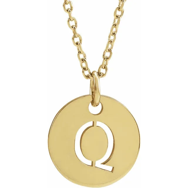 Q Initial Disc Adjustable Personalized Necklace in Solid 14K Yellow Gold 