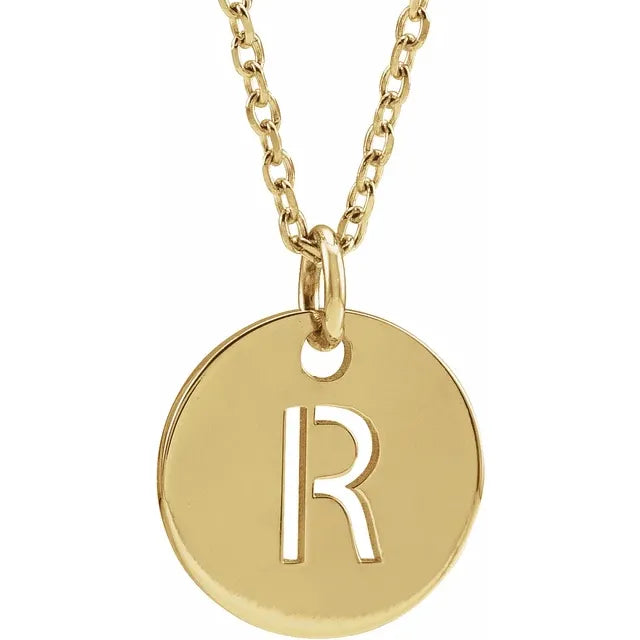 R Initial Disc Adjustable Personalized Necklace in Solid 14K Yellow Gold 