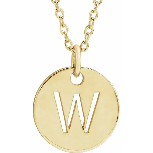 W Initial Disc Adjustable Personalized Necklace in Solid 14K Yellow Gold 
