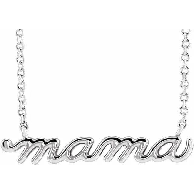 Petite Mama Script Necklace Solid 14K White Gold, Platinum, Sterling Silver